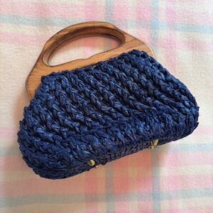 Vintage Woven Satchel Purse Bag Blue Raffia Wood Handle Japan